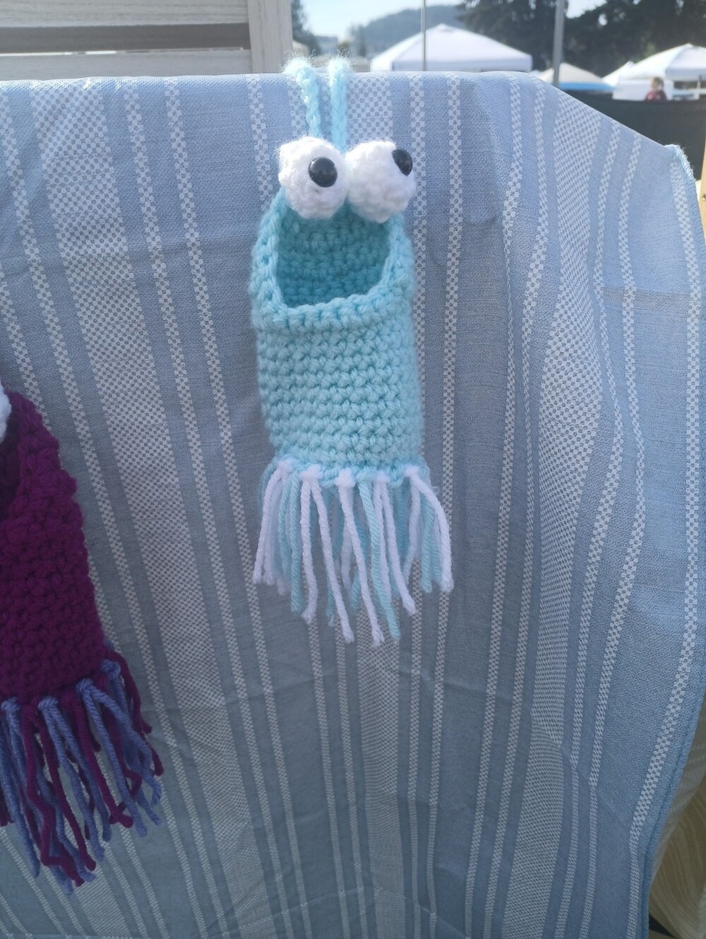 Handmade Blue Crochet Yip Yip Monster Pouch with Fringe